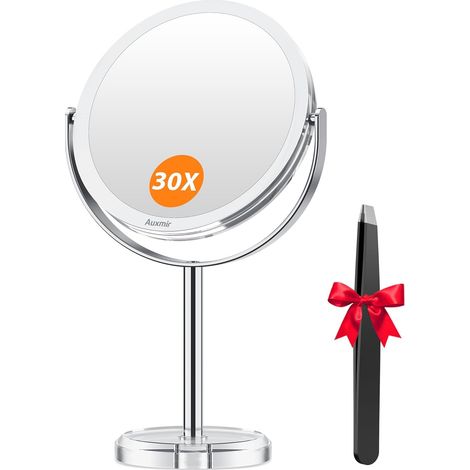 Miroir Maquillage Double Face Grossissant 1X/30X, Diamètre 17cm miroir de table sur pied rotation à 360°, pivote à deux côtés pour chambre et salle de Bain, pince à épiler incluse (1/5)