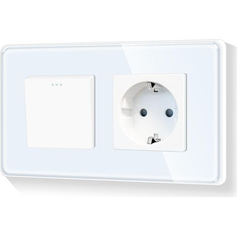 Interrupteur Schuko rond 1 voie encastré - Cadre en verre - Interrupteur marche/arrêt - Avec prise simple - Bords incurvés - Blanc - 110-250 V - 157 mm (1/5)