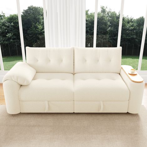Sofá modular de 2-3 plazas en tejido Teddy beige con almacenaje y mesa auxiliar integrada (1/5)