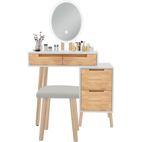 Puluomis – Coiffeuse enfant avec miroir LED et tabouret – 4 tiroirs en bois – Éclairage LED 3 couleurs – Compact et léger – Montage facile