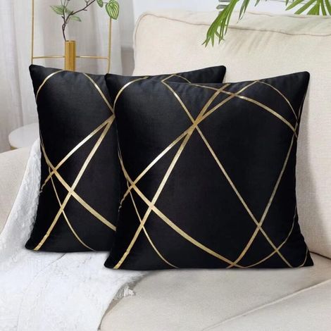 2er-Set schwarze Sofas (ohne Kissen) Samt Kissenbezug 45 x 45 cm Kissen Dekorative Kissenbezüge Goldene Linien Geometrische Kissen Wohnzimmer Schlafzimmer Ottoman Hussen (1/5)