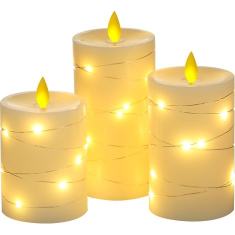 Guirnalda de luces sin llama con efecto de vela parpadeante, 3 unidades, pilas AA, para uso interior y exterior (trenzada). (1/5)