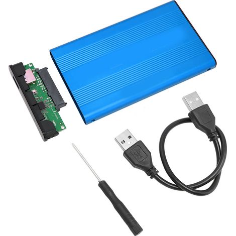 Boîtier externe pour disque dur 2,5 pouces, interface USB 2.0 vers SATA, transfert à 480 Mbps, coque en alliage d'aluminium, étui bleu pour HDD. (1/5)