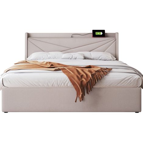 Letto matrimoniale 180x200 con contenitore, testiera geometrica, presa USB e USB-C, rete a doghe, struttura in metallo, beige, ideale per camera da letto moderna - CHICFURN (1/5)