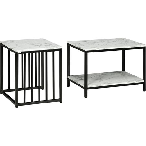 Lot de 2 tables d'appoint tables gigognes tables basses empilables avec plateau aspect bois effet marbre cadre en métal