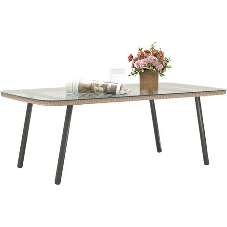Table basse jardin plateau verre trempé 5mm structure acier aspect bois naturel appoint extérieure terrasse balcon design moderne