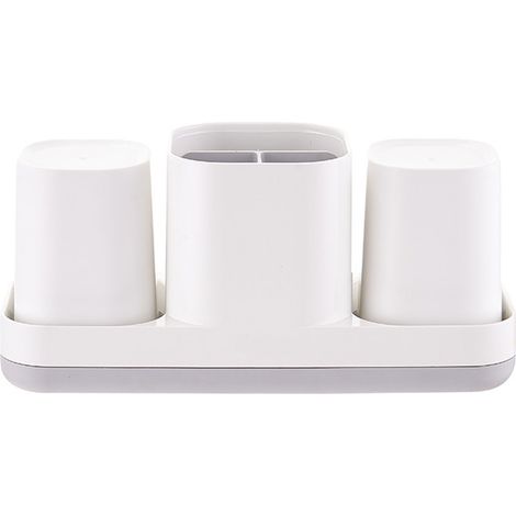 Organizador de baño con portacepillos y dispensador de pasta de dientes, fabricado en plástico blanco para la encimera del lavabo – cesta de almacenamiento (1/5)
