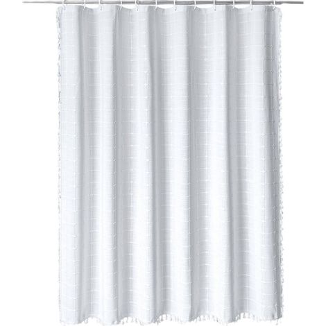 Duschvorhang im Bohème-Stil, karierter Duschvorhang mit Quasten, 183 x 213 cm (weiß) (1/5)