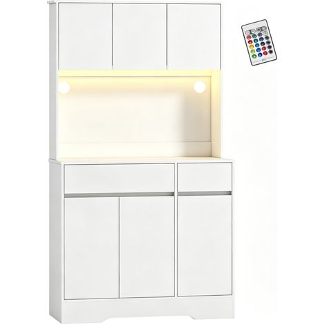 Mobile buffet alto da cucina bianco con LED RGB, piano di lavoro, 6 ante e 2 cassetti (1/5)