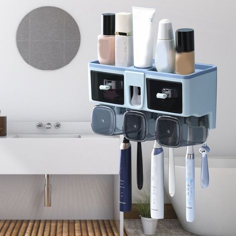 Zahnbürstenhalter, Mundspülbecher, wandmontierte Badezimmer-Aufbewahrungsbox, kein Bohren erforderlich, Set mit drei blauen Bechern (1/5)