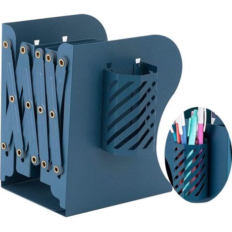 Serre-Livres Réglable - Métal - Pour Bureau Bibliothèque Maison École - 3 Compartiments Verticaux + Porte-Stylo - Bleu ×1
