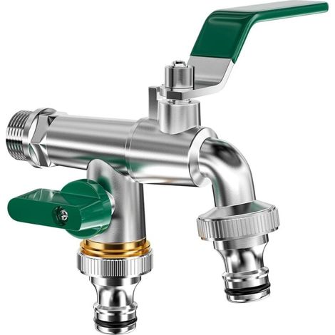 Double Robinet de Jardin, robinet exterieur en laiton, robinet avec double sortie 3/4" et Entrée 1/2", robinet antigel avec double connecteur et embout tuyau,Pour jardins,Machine à Laver, (1/4)