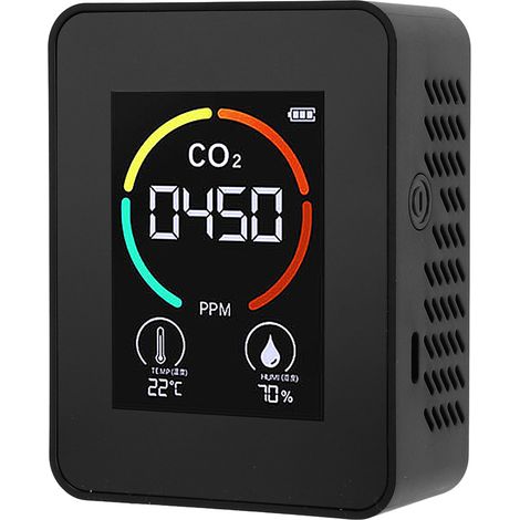 Détecteur de qualité de l'air 3 en 1 portable avec grand écran couleur : mesure précis du CO2, de la température et de l'humidité. Idéal pour la maison, l'école, le bureau et l'hôtel (noir). (1/5)