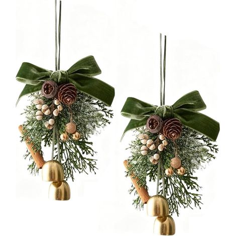 Lot de 2 nœuds de Noël pour placards avec cloches, fleurs de matsueda, pommes de pin et baies Décoration de sapin de Noël à suspendre avec pommes de pin pour décorer la maison, la cuisine et les fête (1/5)