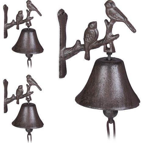 Clochette portière fonte, en lot de 3, Motif oiseau Cloche antique Sonnette murale Résistant température Brun Corde