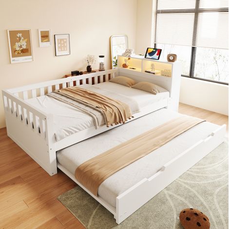 Lit gigogne 90x200 cm avec rangements, LED et ports USB et Type-C, en bois, blanc (1/5)