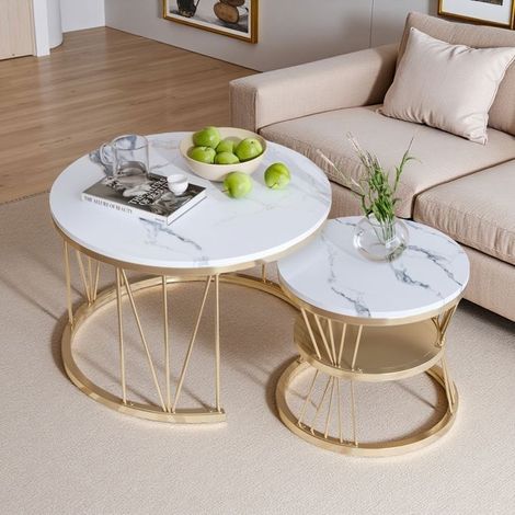Couchtisch Set - Weißer Marmor & Gold - 2 Teile - Modernes Design - Optimale Stabilität