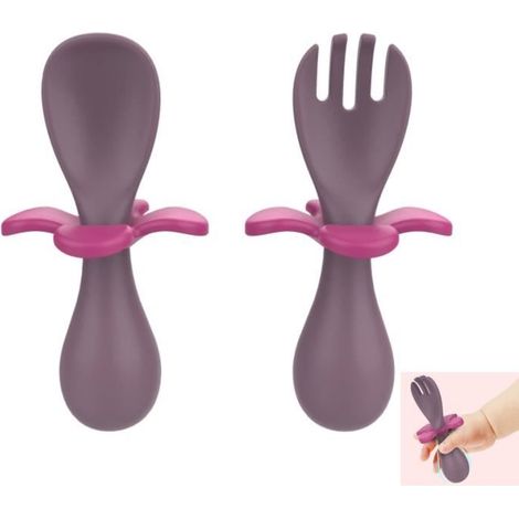 Couverts Enfant,Fourchette D'entraînement,Bébé Apprentissage Cuillère,Ensemble de Cuillère d'alimentation,Fleurs violettes,2pcs (1/4)