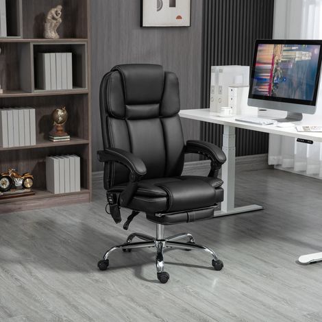 Silla de oficina de polipiel negra con masaje, calor, reclinación 135°, reposapiés, 66x67x118-126 cm (1/5)
