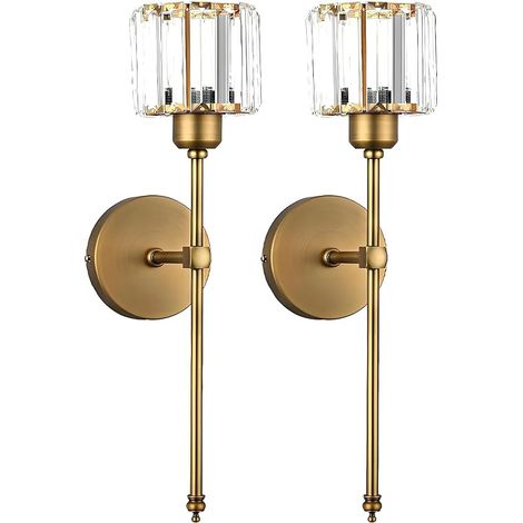 Appliques Murales en Cristal Doré Lot de 2, Luminaire Mural en Laiton Avec Abat-Jour en Cristal K9, Lampe Murale E27 à Câblage Fixe pour Chambre, Salon, Couloir (Cylindrique) (1/5)
