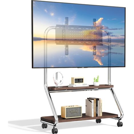 Support TV sur roulettes avec étagère en bois, pied TV réglable en hauteur, pour écran plat de 40 à 75", jusqu'à 50 kg, VESA max. 600 x 500 mm, argenté