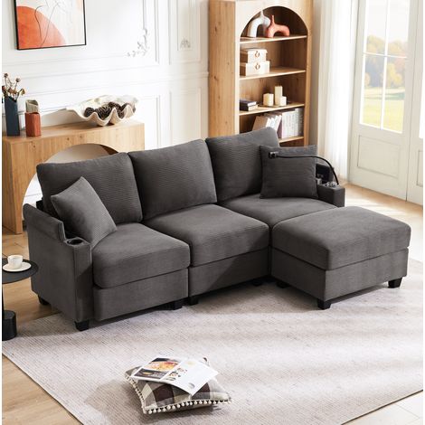 L Form Ecksofa (213.5 x 139 x 87 cm), mit beweglichen Hockern, USB Anschluss, Armlehnenablagen, Cord, Dunkelgrau (1/5)