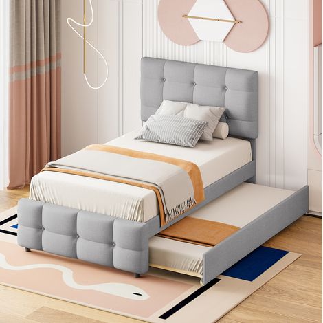 Lit enfant 90 x 200 cm avec lit gigogne, tête de lit réglable, tissu en lin gris et beige HAVRYA (1/5)