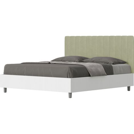 Letto Matrimoniale 160x190 cm con Rete e Contenitore Alzata Comoda Struttura Bianco Frassico e Testata in Microfibra Kaia Tè Verde (1/5)
