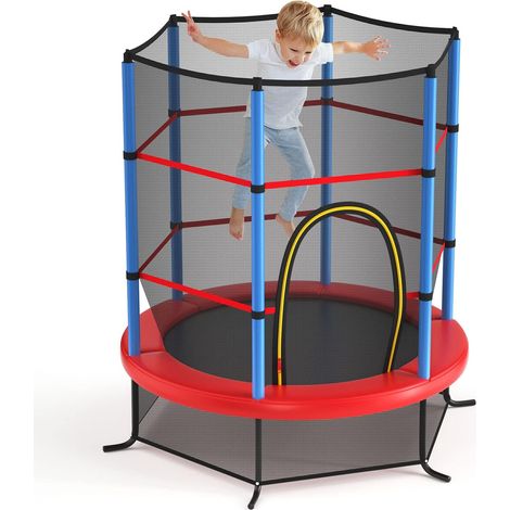 GOPLUS Trampoline Enfant Ø165cm, Trampoline Exterieur et Interieur avec Filet de Securite, Entree Zippee, Bords Rembourres, Capacité de charge Statique de 135 kg/Dynamique de 45 kg(Rouge+Bleu) (1/5)