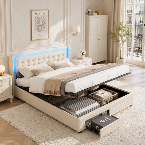 Lit coffre 140x190 cm Velour beige, lit double rembourré avec LED, tête de lit capitonnée, rangement hydraulique et 2 tiroirs, Sommier à lattes (1/5)