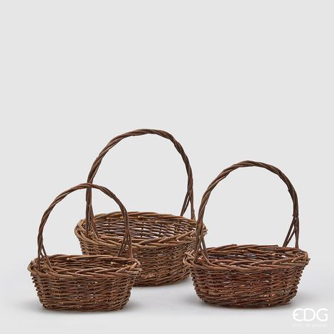 EDG Enzo De Gasperi Set 3 Ceste Willow Rotondo con Manico Lungo Midollino Brown