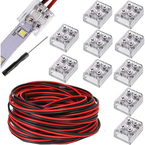 10Pièces connecteur ruban led 2 broches 8mm,avec câble 22AWG/5M bornier à vis connecteur 2 broches 8 mm avec tournevis pour éclairage de bande LED 5-24 V （transparent） (1/5)