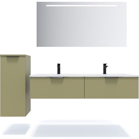 Meuble de salle de bain suspendu double vasque intégrée 140cm 2 tiroirs Vert olive + miroir + colonne ouverture gauche - Soho (1/5)