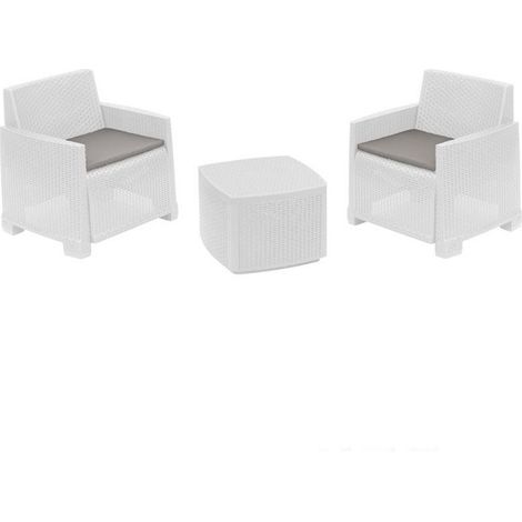 Trade Shop - Copy Of Set Salotto Como Effetto Rattan Intrecciato Con Divano Poltrone Tavolino Contenitore -      Blanco