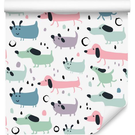 Papel pintado con perros alegres y coloridos para salón y dormitorio, 50x1000 cm. (1/5)