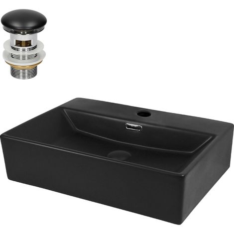 ML-Design Lavabo in Ceramica Nero 51 x 36 x 13 cm Rettangolare con Piletta di Scarico in Ceramica Foro per Rubinetto e Troppopieno Lavandino da Appoggio Lavello Scarico Standard (1/5)
