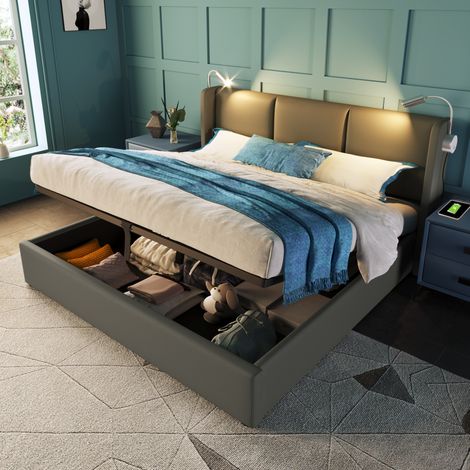Letto contenitore matrimoniale 140x200 cm con sollevamento idraulico, luce da lettura e USB, senza materasso (1/5)