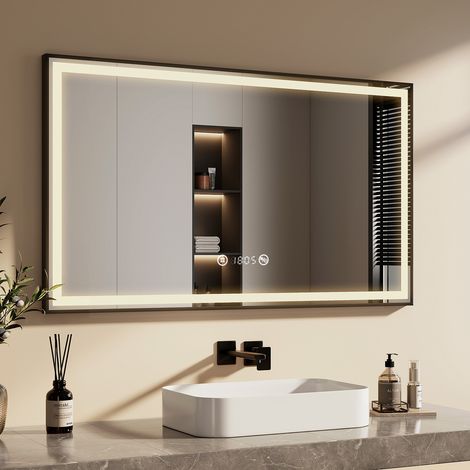 EMKE Badspiegel mit Beleuchtung 120x70cm Badspiegel Schwarzer Rand LED Badezimmerspiegel mit Touch, Antibeschlage, Uhr, Temperatur, Dimmbar, Memory-Funktion, Neutrale Beleuchtung