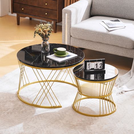 DESMIU Table basse gigogne ronde avec 2 tables, plateau effet marbre, pieds réglables, pour salon (1/5)