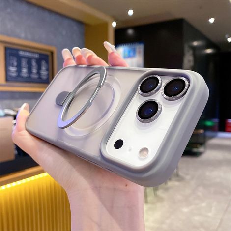 (Gris, iPhone 16 Pro Max) Étui de téléphone à chargement sans fil magnétique avec support anneau et protection pour l'appareil photo.