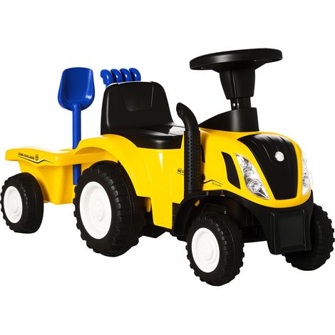 Tracteur pour enfants de 12 à 36 mois avec remorque détachable, voiture à pédales avec klaxon, phares, pelle, siège au sol de 25 cm et râteau, capacité de charge de 25 kg, 91 x 29 x 44 cm, jaune (1/5)