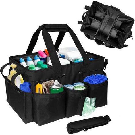Sac de rangement pour produits de nettoyage – Organiseur réglable avec bandoulières et plusieurs compartiments – Pour produits ménagers maison voiture jardin et bricolage – 37 x 24 x 26 cm – Noir (1/5)