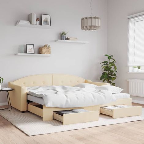 Tagesbett Ausziehbar mit Schubladen Creme 90x200 cm Stoff (1/5)