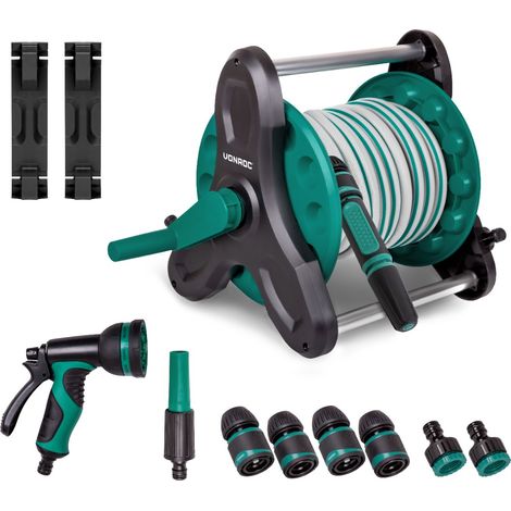 Vonroc – Enrouleur tuyau d’arrosage 10m – 3 buses réglables – Raccords de tuyau avec et sans arrêt d’eau – Design compact avec manivelle
