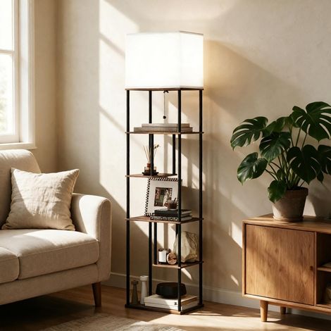 Lampada da terra con ripiani 40x29x171 cm beige/nero, dimmer e telecomando - CHICFURN (1/5)