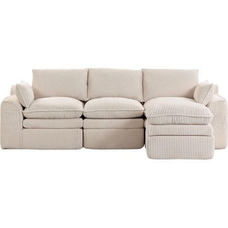 Sofá modular de 3 plazas en pana beige con reposapiés, cojines y 2 bolsillos laterales HOMVRA (1/5)