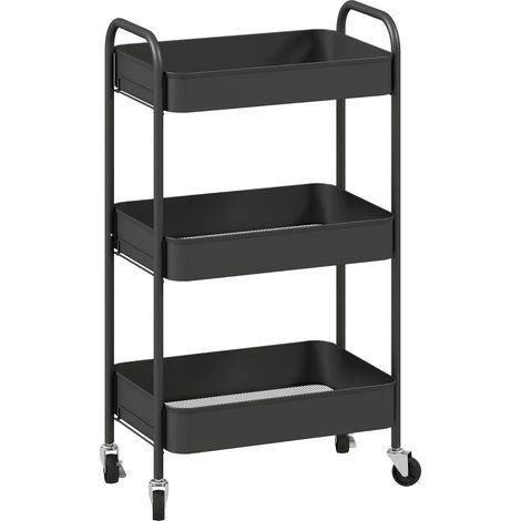 Carrito de cocina, 3 estantes, 4 ruedas, negro, 45x31x79 cm