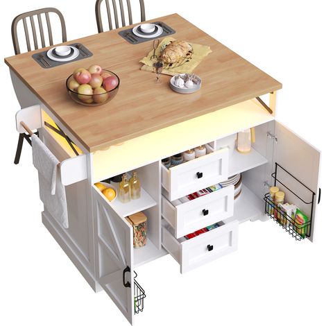 Küchenwagen mit Klappbarer Arbeitsplatte, Türregalen, LED und Rollen, aus MDF, Weiß (1/5)