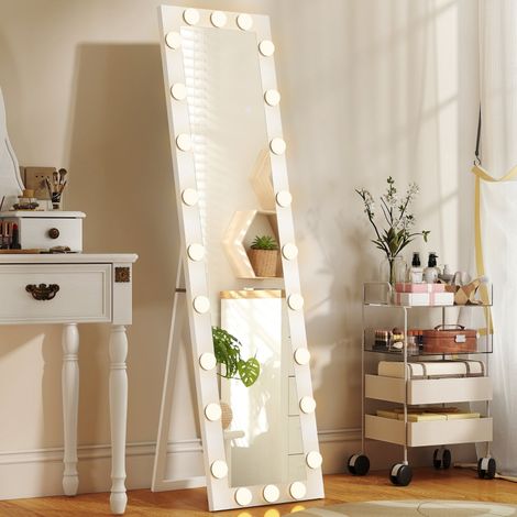 Miroir LED pleine longueur 150x40 cm avec 24 ampoules : 3 couleurs claires,autoportantes,penchées ou murales blanches