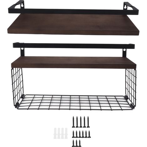 étagère rangement-Étagères murales rustiques en métal et pin, 2 niveaux avec porte-serviettes, pour cuisine ou bureau (1/5)